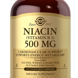 Solgar Niacin (Vitamin B3) 500 mg, 250 Vegetable Capsules - Cardiovascular Support - Energy Metabolism - Non-GMO, Vegan, Gluten Free, Dairy Free, Kosher - 250 Servings