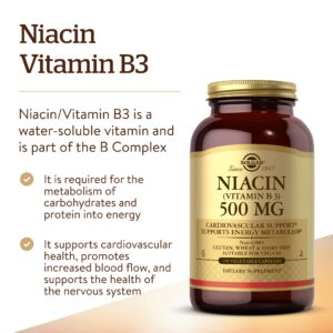 Solgar Niacin (Vitamin B3) 500 mg, 250 Vegetable Capsules - Cardiovascular Support - Energy Metabolism - Non-GMO, Vegan, Gluten Free, Dairy Free, Kosher - 250 Servings