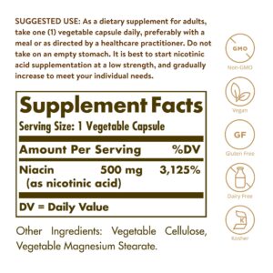 Solgar Niacin (Vitamin B3) 500 mg, 250 Vegetable Capsules - Cardiovascular Support - Energy Metabolism - Non-GMO, Vegan, Gluten Free, Dairy Free, Kosher - 250 Servings