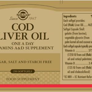 Solgar Cod Liver Oil, 250 Softgels - Supports Healthy Immune System, Healthy Eyes & Vision & Bone Health - Vitamin A & D Supplement -, Gluten Free, Dairy Free - 250 Servings