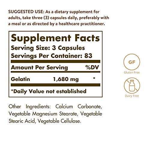 Solgar Gelatin 1680 mg, 250 Capsules - Natural Gelatin - Supports Bone, Joint & Skin Health - Gluten Free, Dairy Free - 83 Servings