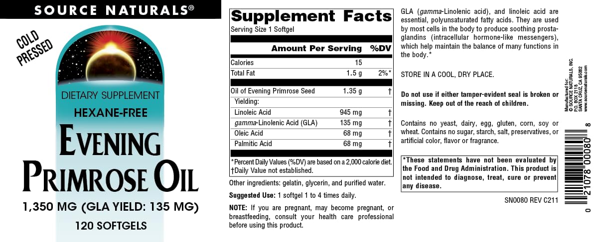 Source Naturals Evening Primrose Oil, Hexane Free, Cold-Pressed* - 1350mg, 120 Softgels