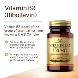 Solgar Vitamin B2 (Riboflavin) 100mg, 100 Vegetable Capsules - Energy Metabolism, Healthy Nervous System - Non-GMO, Vegan, Gluten Free, Dairy Free, Kosher, Halal - 100 Servings