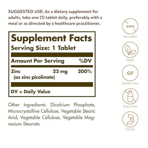 Solgar Zinc Picolinate 22 mg, 100 Tablets - Promotes Healthy Skin - Supports Immune System, Normal Taste & Vision - Antioxidant - Non GMO, Vegan, Gluten Free, Dairy Free, Kosher - 100 Servings