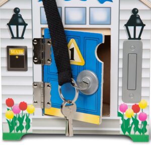 Melissa & Doug Take-Along Wooden Doorbell Dollhouse - Doorbell Sounds, Keys, 4 Poseable Wooden Dolls Portable Doll House, Doorbell House For Kids Ages 3+