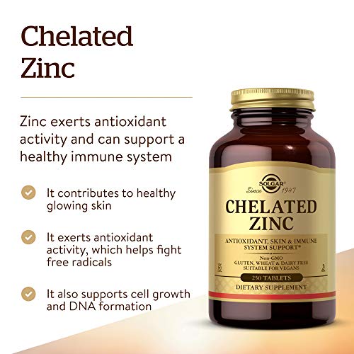 Solgar Chelated Zinc, 250 Tablets - Zinc for Healthy Skin - Supports Cell Growth & DNA Formation - Exerts Antioxidant Activity - Supports A Healthy Immune System - Non GMO, Vegan - 250 Servings