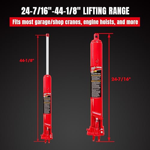 BIG RED T30806 Torin Hydraulic Long Ram Jack with Single Piston Pump and Clevis Base (Fits: Garage/Shop Cranes, Engine Hoists, and More): 8 Ton (16,000 lb) Capacity, Red