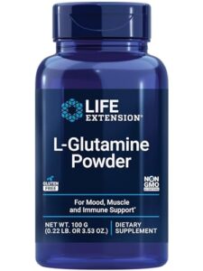 life extension l-glutamine powder, amino acid, supports muscle health and immune health, gluten-free, non-gmo, vegetarian, 100 grams