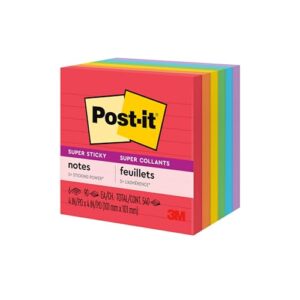 Post-it Super Sticky Notes, 4x4 in, 6 Pads, 2x the Sticking Power, Playful Primaries, Primary Colors (Red, Yellow, Green, Blue, Purple), Recyclable (6445-SSP)