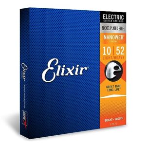 Elixir Strings, Electric Guitar Strings, Nickel Plated Steel with NANOWEB Coating, Longest-Lasting Bright Tone with Comfortable Feel, 6 String Set, Light/Heavy 10-52