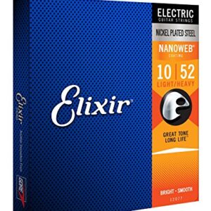 Elixir Strings, Electric Guitar Strings, Nickel Plated Steel with NANOWEB Coating, Longest-Lasting Bright Tone with Comfortable Feel, 6 String Set, Light/Heavy 10-52