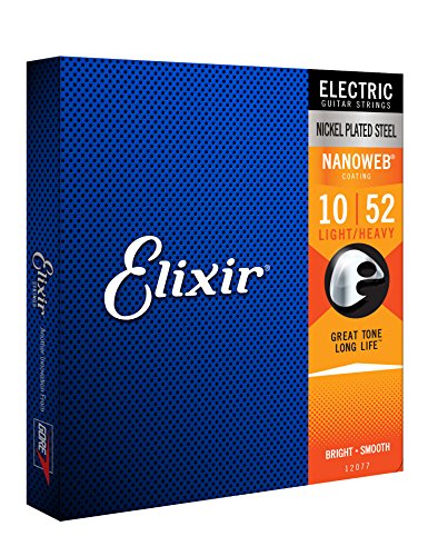 Elixir Strings, Electric Guitar Strings, Nickel Plated Steel with NANOWEB Coating, Longest-Lasting Bright Tone with Comfortable Feel, 6 String Set, Light/Heavy 10-52