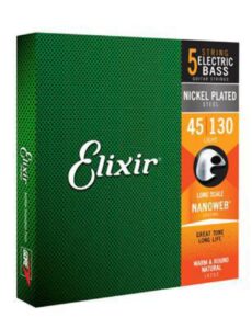 elixir strings nickel plated steel 5-string bass strings w nanoweb coating, long scale, light (.045-.130)