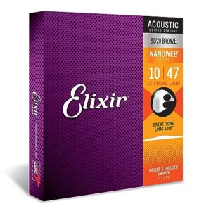 elixir strings, acoustic guitar strings, 80/20 bronze with nanoweb coating, longest-lasting bright and focused tone with comfortable feel, 12 string light 10-47