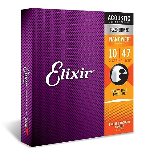 Elixir Strings, Acoustic Guitar Strings, 80/20 Bronze with NANOWEB Coating, Longest-Lasting Bright and Focused Tone with Comfortable Feel, 12 String Light 10-47