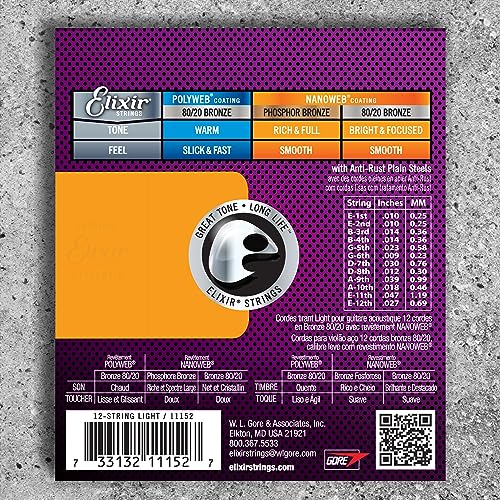 Elixir Strings, Acoustic Guitar Strings, 80/20 Bronze with NANOWEB Coating, Longest-Lasting Bright and Focused Tone with Comfortable Feel, 12 String Light 10-47