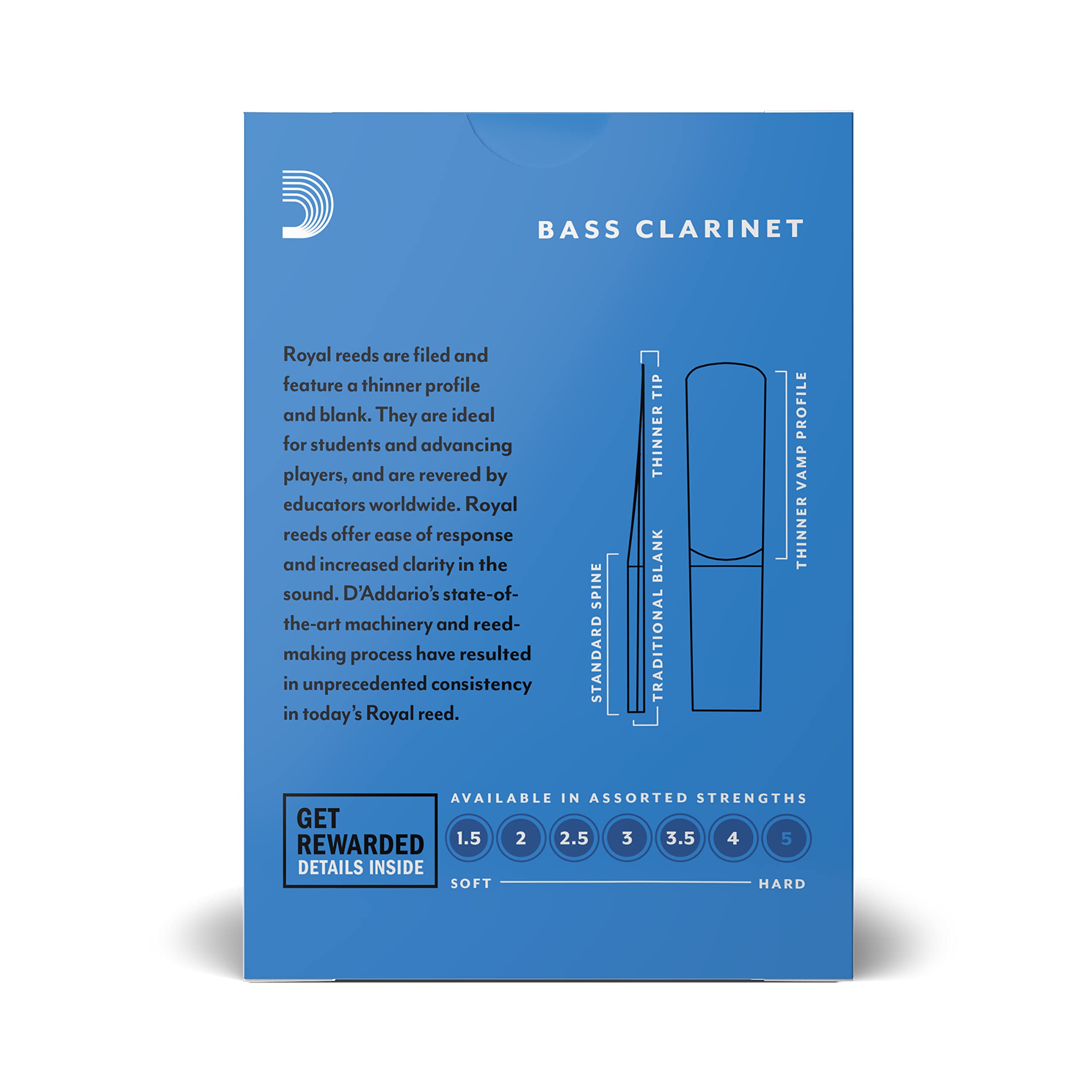 D’Addario Woodwinds - Royal Bass Clarinet Reeds - Reeds for Bass Clarinet - Strong Spine - Filed Cut - Strength 2.5