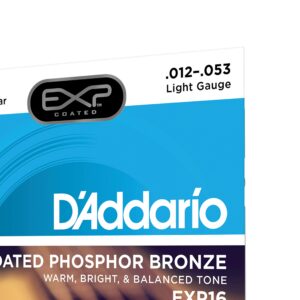 D’Addario EXP16 Coated Phosphor Bronze Acoustic Guitar Strings, Light, 12-53 – Offers a Warm, Bright and Well-Balanced Acoustic Tone and 4x Longer Life - With NY Steel for Strength and Pitch Stability