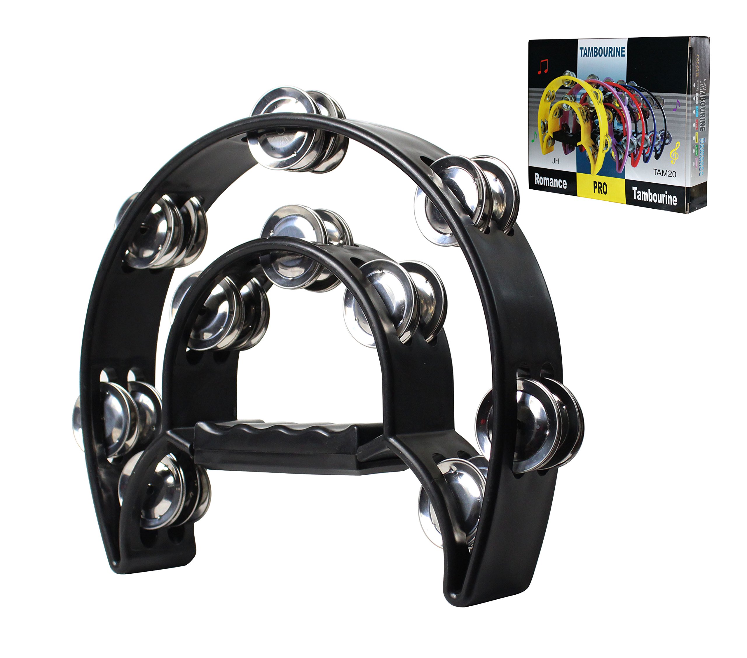 YMC TAM20-BLACK Double Row Tambourine - Metal Jingles Hand Held Percussion Ergonomic Handle