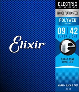 elixir strings, electric guitar strings, nickel plated steel with polyweb coating, longest-lasting warm tone with comfortable feel, 6 string set, super light 9-42