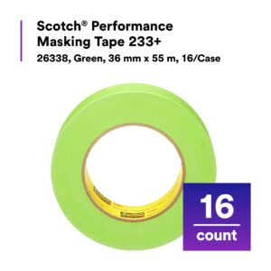 Scotch Performance Masking Tape 233+ 26338, Moisture Resistant, Flexible, Green Color, 36 mm x 55 m​​, 16/Case