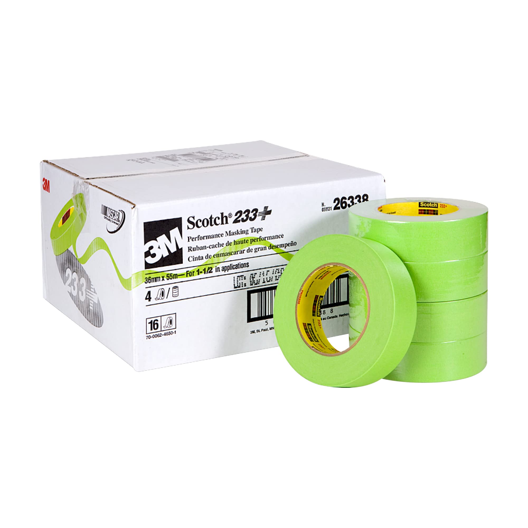 Scotch Performance Masking Tape 233+ 26338, Moisture Resistant, Flexible, Green Color, 36 mm x 55 m​​, 16/Case