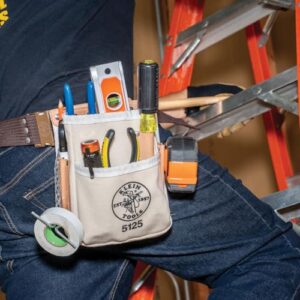 Klein Tools 5125 Canvas and Leather 5-Pocket Tool Pouch with Chain Tape Thong and Tunnel Belt Connection