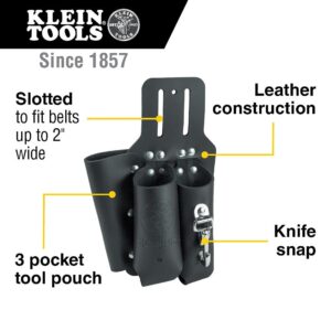 Klein Tools S5118PRS Leather Tool Holder with 3 Pockets for Pliers, Folding Rule, Screwdriver and Knife Snap, Fits Belts up to 2-Inch Wide