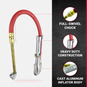 Milton S-506 Original Service Station Tire Inflator and Air Pressure Gauge, Dual Head Chuck, 1/4" NPT, 15" Rubber Hose, 10-160 PSI