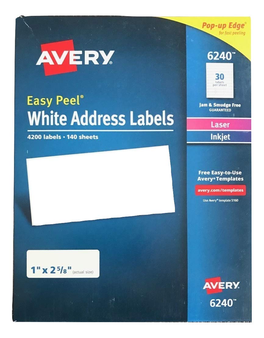 Avery Easy Peel White Address Labels for Laser Printers 6240, 1" x 2-5/8", Box of 4200