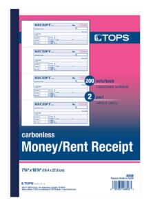 tops money/rent receipt book, 2-part, carbonless, 11 x 7-5/8 inches, 4 receipts/page, 200 sets per book (46806)