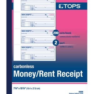 TOPS Money/Rent Receipt Book, 2-Part, Carbonless, 11 x 7-5/8 Inches, 4 Receipts/Page, 200 Sets per Book (46806)