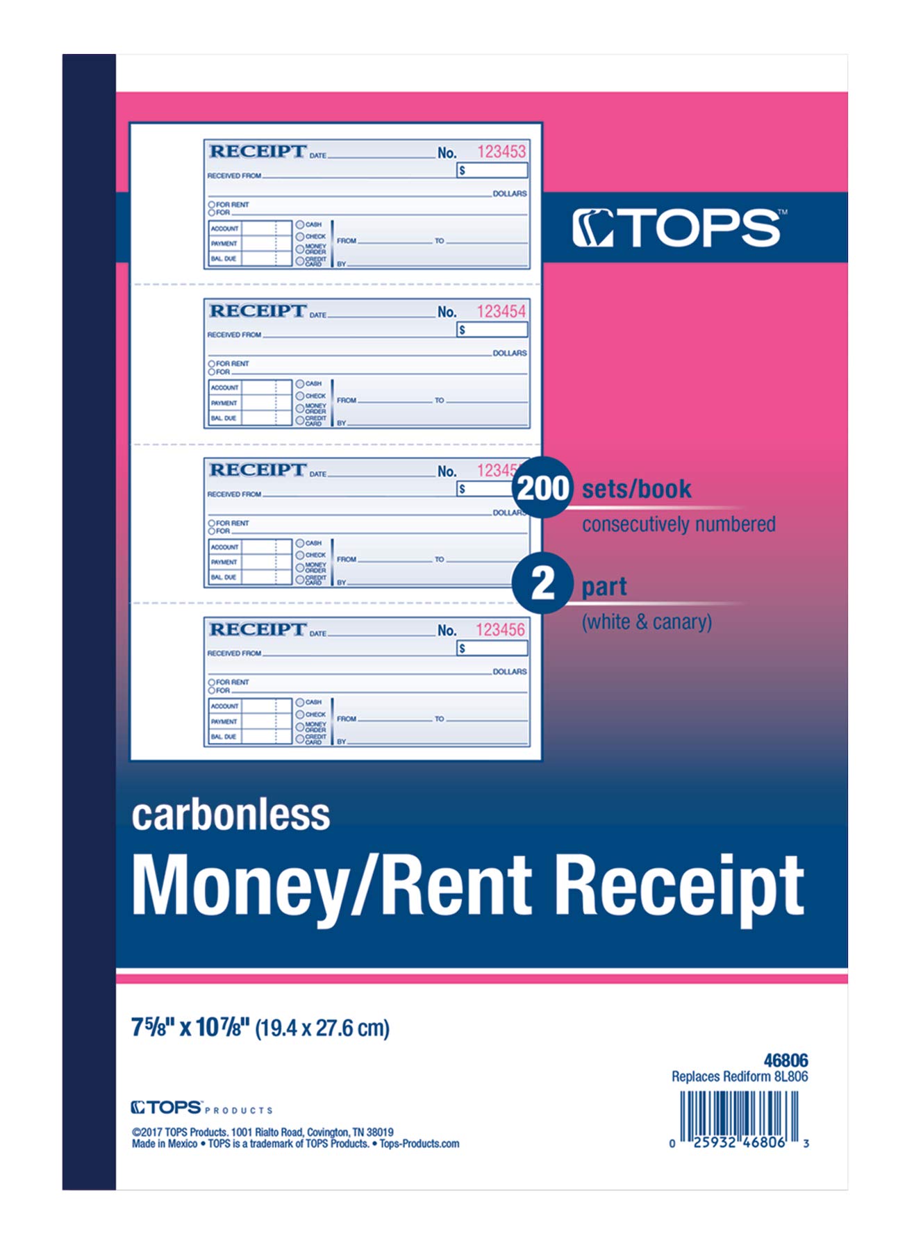 TOPS Money/Rent Receipt Book, 2-Part, Carbonless, 11 x 7-5/8 Inches, 4 Receipts/Page, 200 Sets per Book (46806)