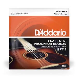 D'Addario Guitar Strings - Acoustic Guitar Strings - Flat Tops Phosphor Bronze - For 6 String Guitar - Warm, Semi-Bright Tone - EFT13 - Resophonic Guitar, 16-56