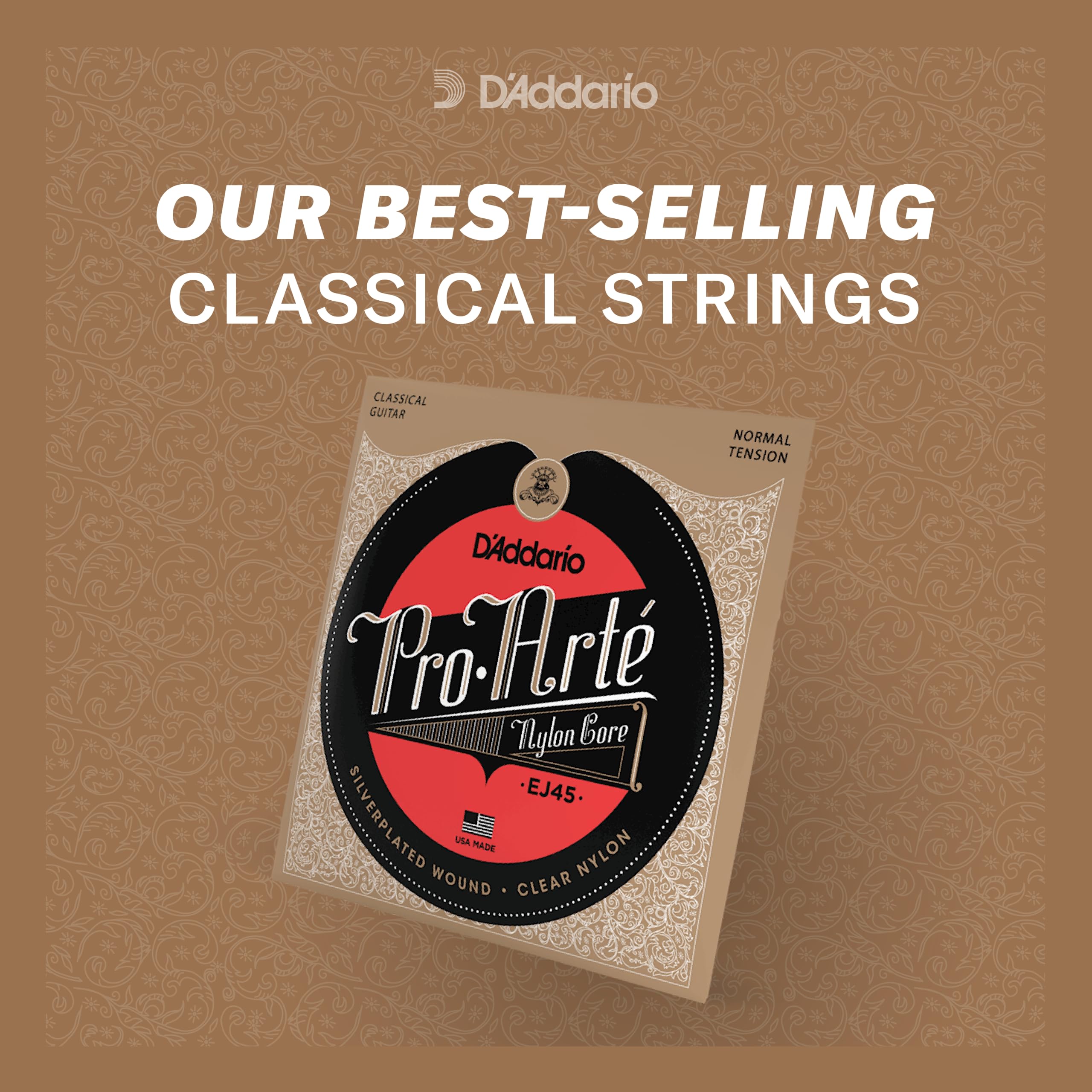 D'Addario Guitar Strings - Pro-Arte Classical Guitar Strings - EJ46LP - Nylon Guitar Strings - Silver Plated Wrap, Composite Core, Clear Nylon Trebles - Lightly Polished, Hard Tension