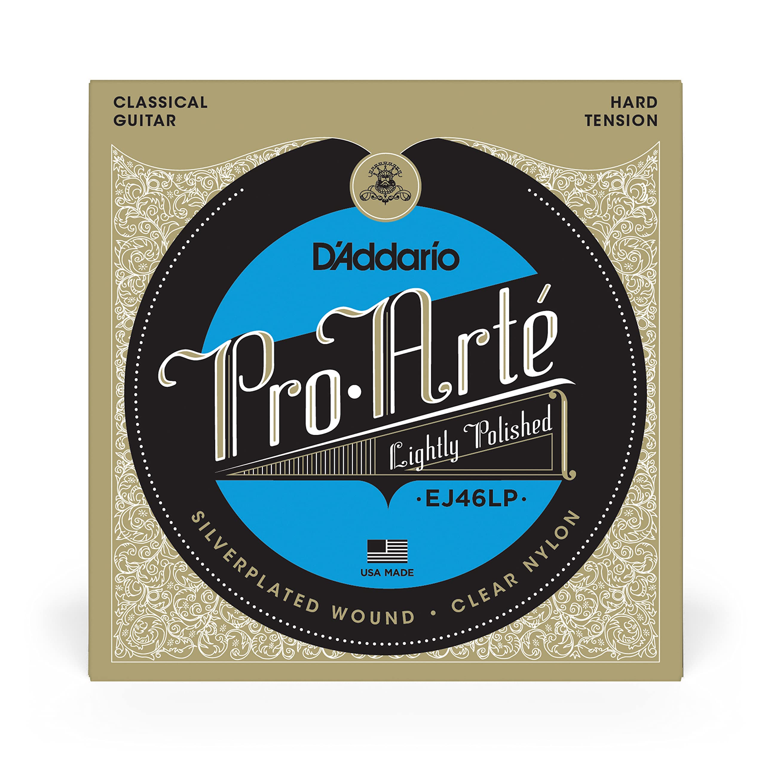 D'Addario Guitar Strings - Pro-Arte Classical Guitar Strings - EJ46LP - Nylon Guitar Strings - Silver Plated Wrap, Composite Core, Clear Nylon Trebles - Lightly Polished, Hard Tension