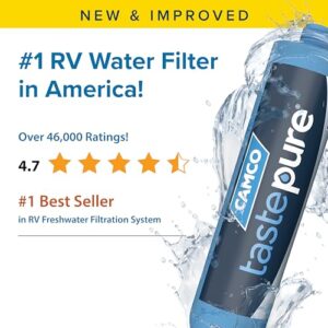 Camco TastePURE RV Water Filter - New & Advanced RV Inline Water Filter with Flexible Hose Protector - GAC & KDF Water Filter - Made in USA - Camping Essentials for Fresh Drinking Water (40043)