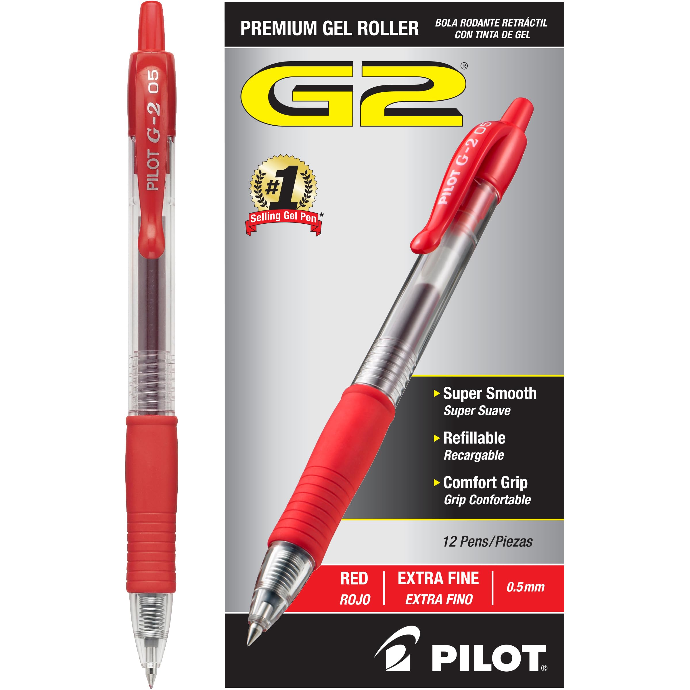 Pilot, G2 Premium Gel Roller Pens, Extra Fine Point 0.5 mm, Pack of 12, Red