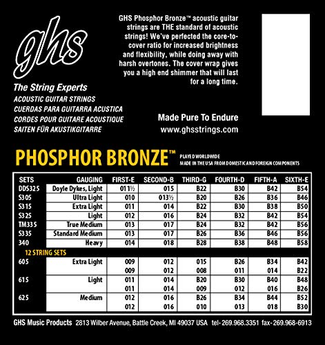 GHS Strings S325 Phosphor Bronze Acoustic Guitar Strings, Light (.012-.054)