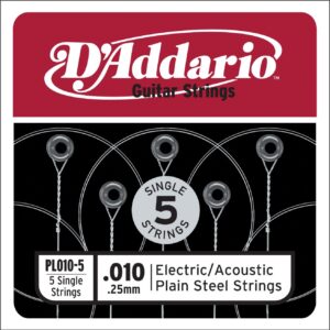 d'addario pl010-5 plain steel guitar single string, 010 5-pack