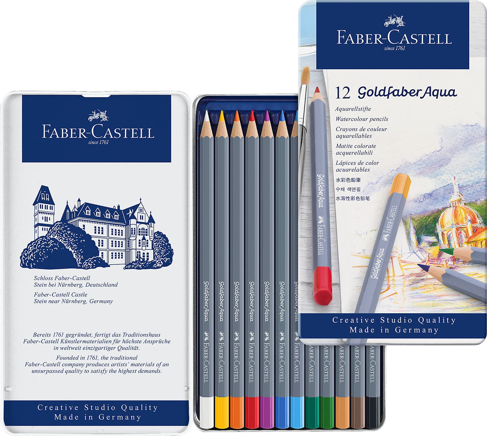 Faber-Castell Goldfaber Aqua Watercolor Pencils - Tin of 12 Colors, Pre-Sharpened Water Colored Pencils