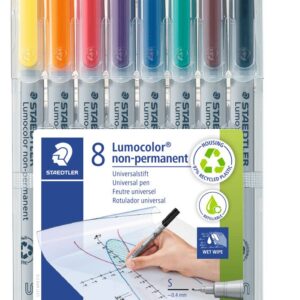 Staetdler Lumograph Non-Permanent Wet Erase Marker Pen, Low Odor Colored Markers, 8 Pack Assorted Colors, 311-WP8