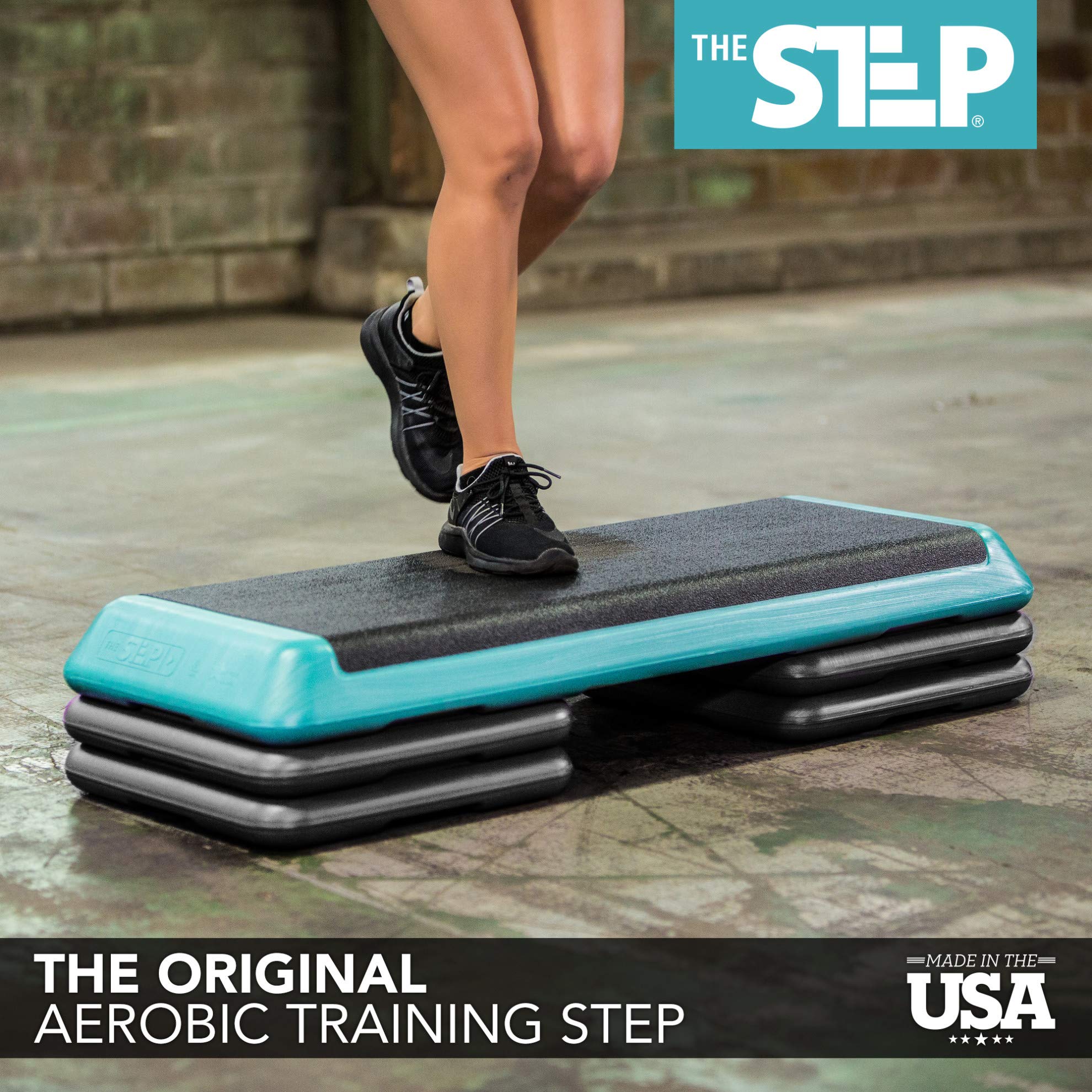 The Step (Made in USA) Original Aerobic Platform – Health Club Size – With Four Original Risers (Teal Platform with Black Risers), One Size