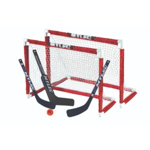 mylec mini hockey set, 2 x mini pvc hockey goals (30.5" x 23"), 2 x plastic mini player sticks (left and right), 1 x goalie stick, 1xhockey foam ball