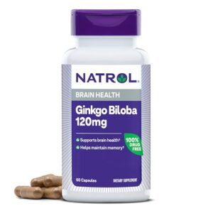 Natrol Brain Health Ginkgo Biloba 120mg, Dietary Supplement for Brain Health and Memory Support, 60 Capsules, 60 Day Supply