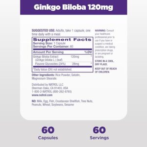 Natrol Brain Health Ginkgo Biloba 120mg, Dietary Supplement for Brain Health and Memory Support, 60 Capsules, 60 Day Supply