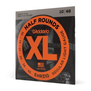 d'addario guitar strings - xl half rounds electric guitar strings - semi-flat wound - bright tone, smooth feel, reduced finger noise - ehr310 - regular light, 10-46