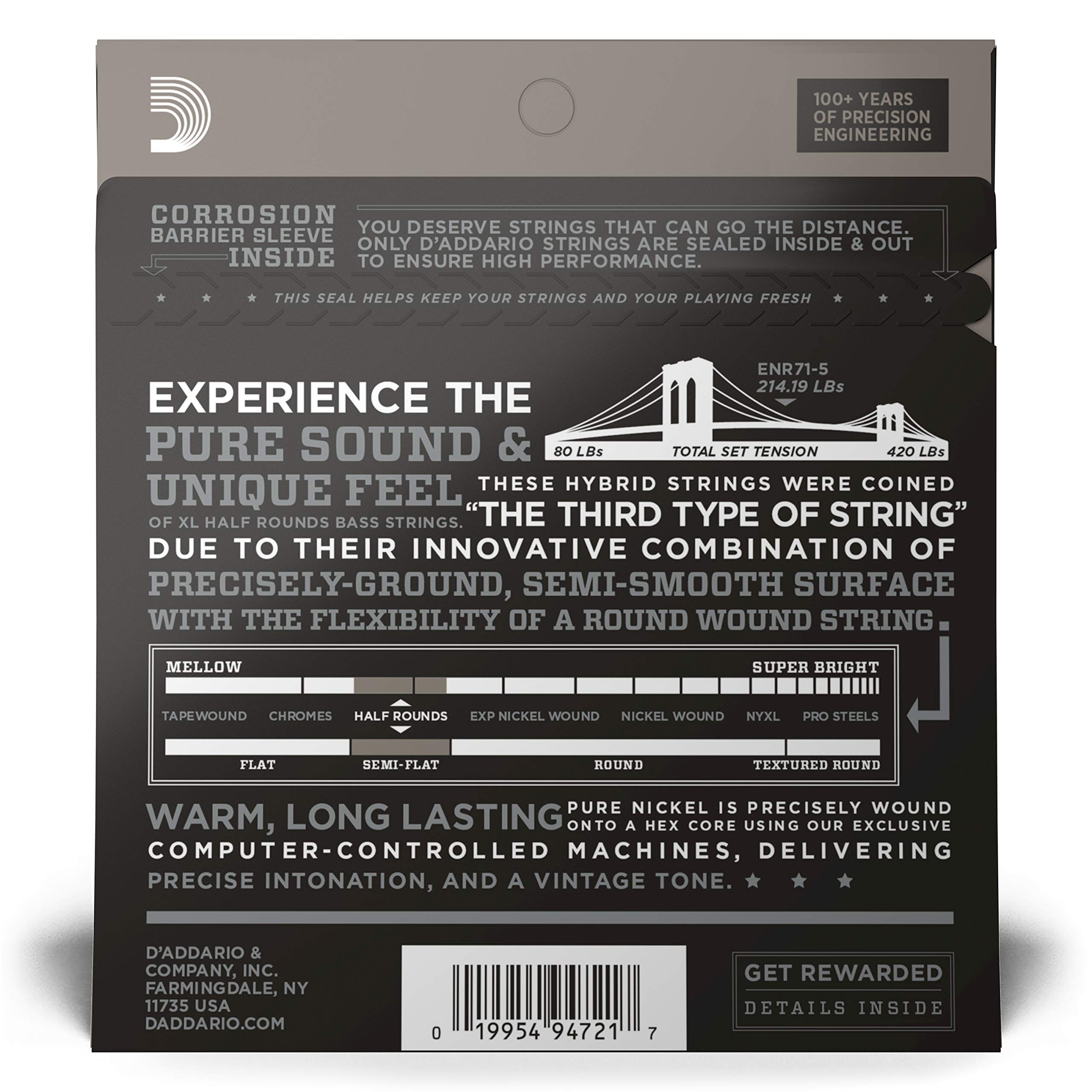 D'Addario XL Half Rounds Bass Guitar Strings - ENR71-5 - 5 String - Long Scale - Regular Light, 45-130