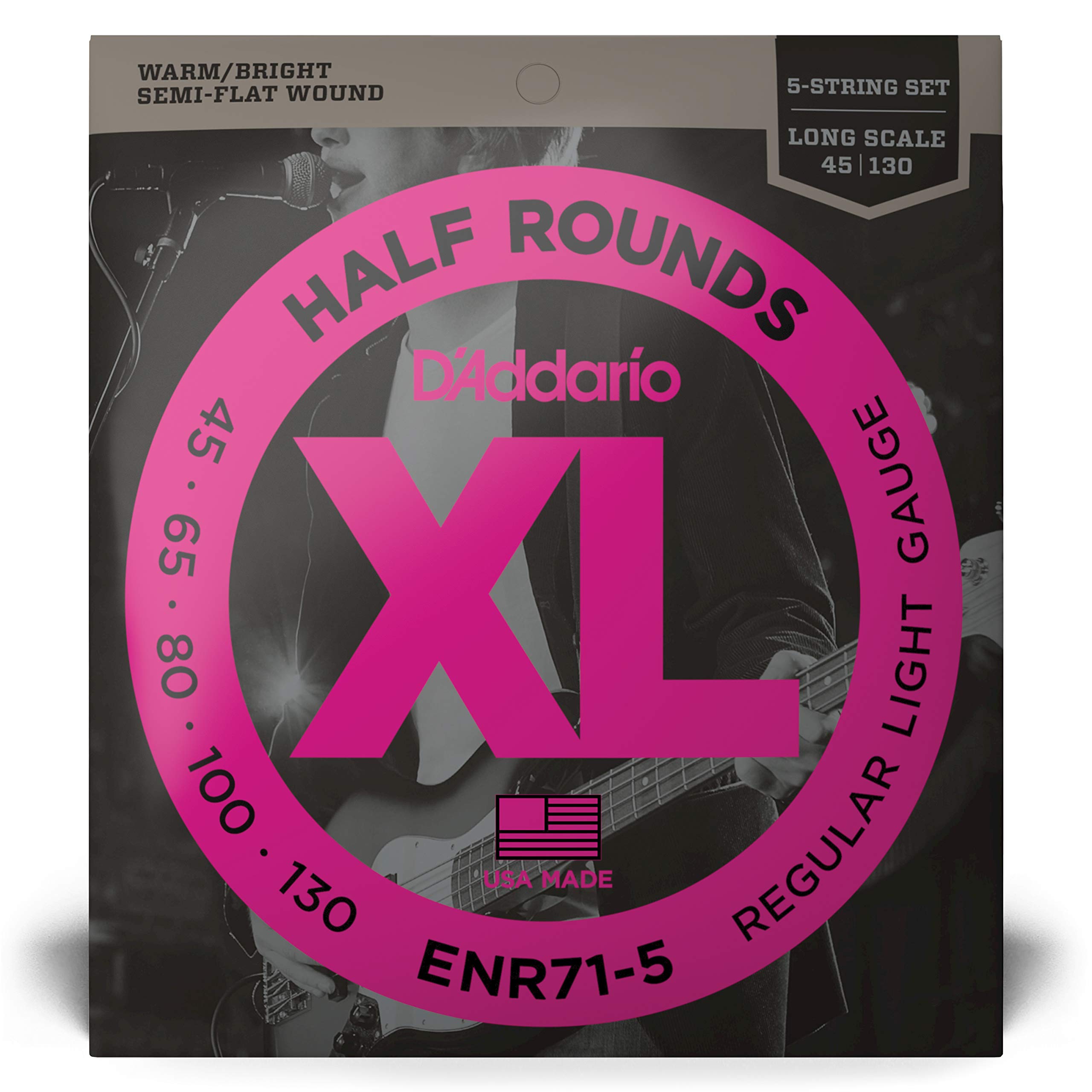 D'Addario XL Half Rounds Bass Guitar Strings - ENR71-5 - 5 String - Long Scale - Regular Light, 45-130