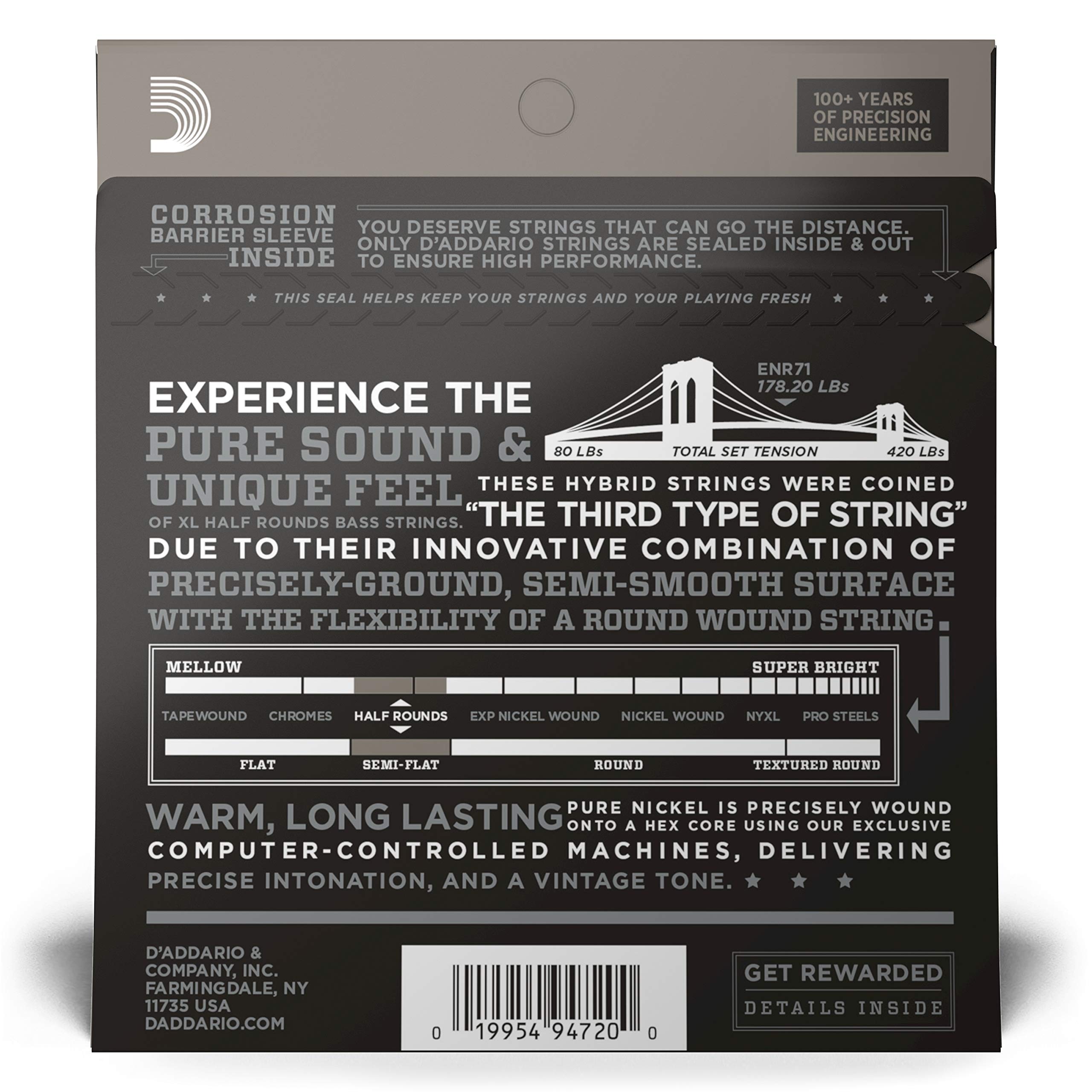 D'Addario XL Half Rounds Bass Guitar Strings - ENR71 - Long Scale - Regular Light, 45-100